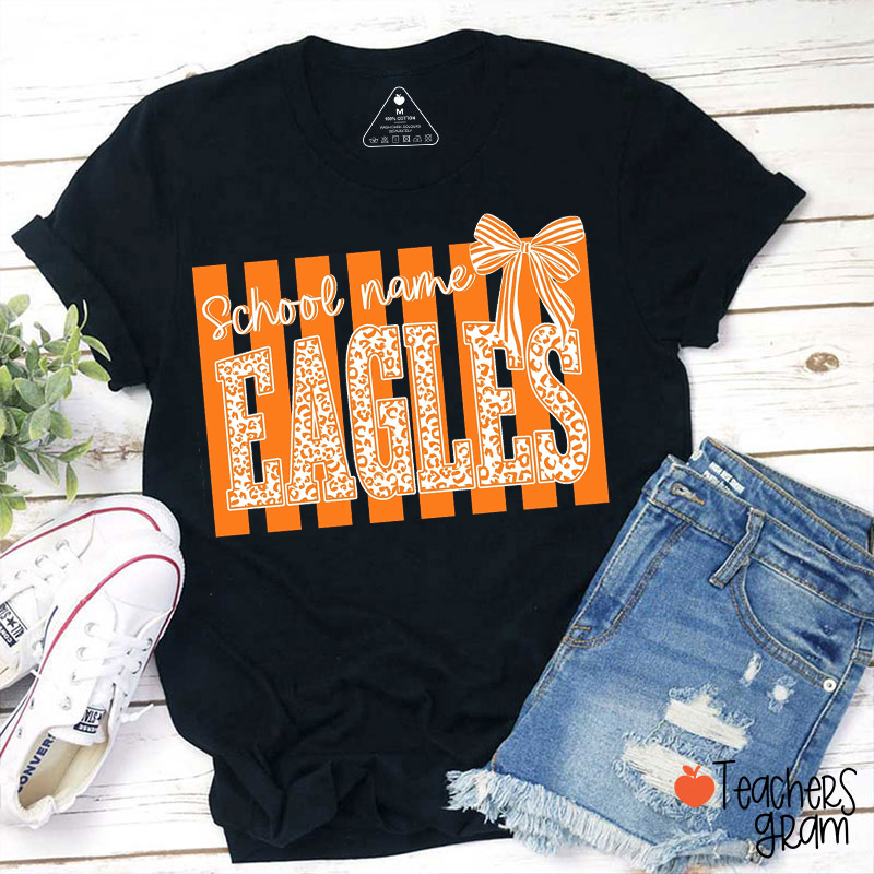Personalized High School Mascot Striped Coquette Bow Teacher T-Shirt