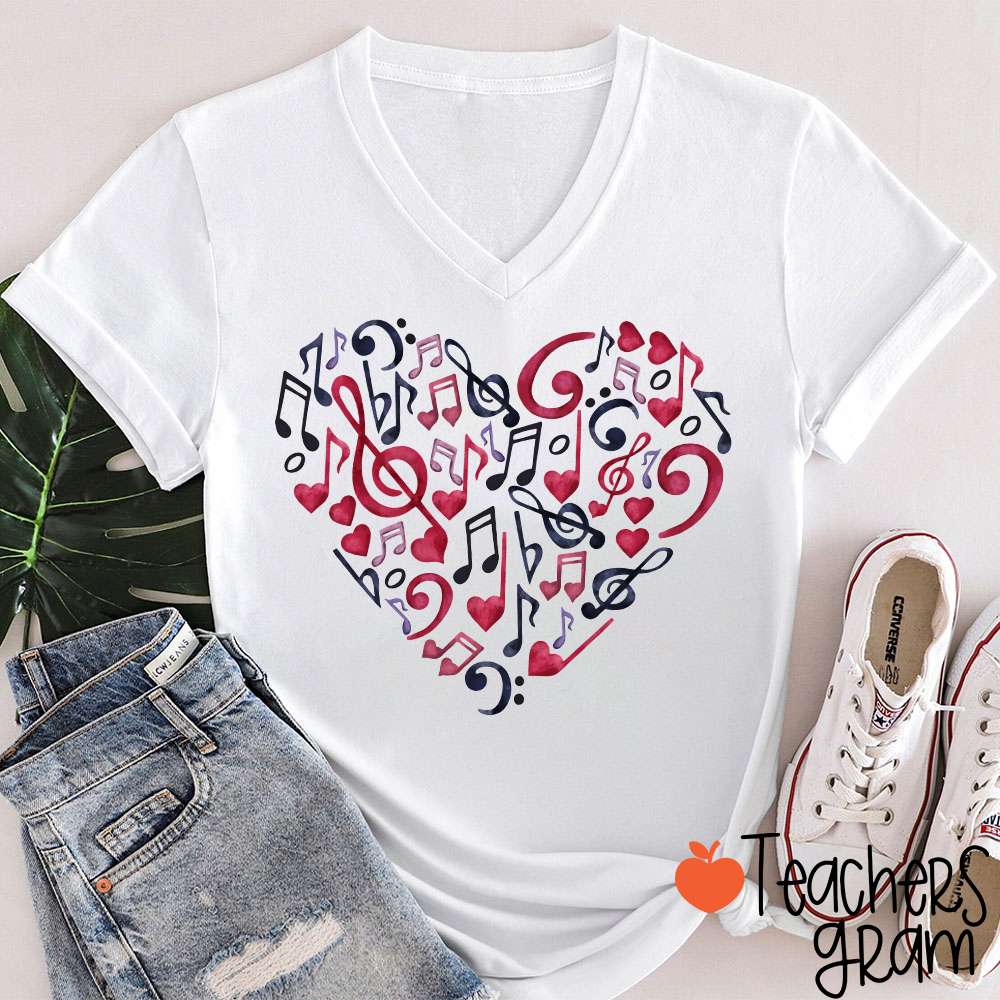 Musical Note Heart Teacher Female V-Neck T-Shirt