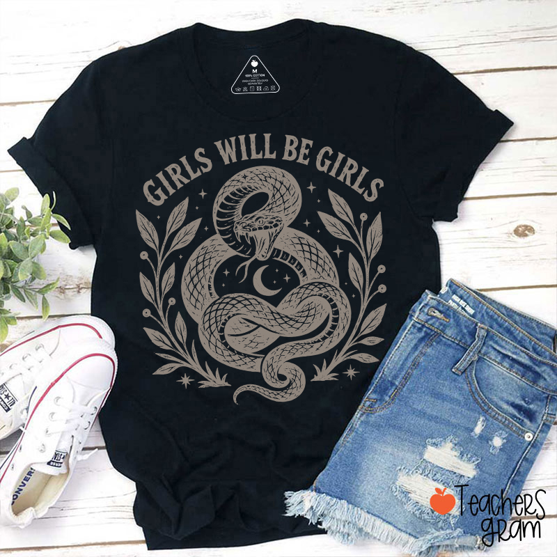 Girls Will Be Girls Vintage Snake Floral Moon Star Teacher T‑Shirt