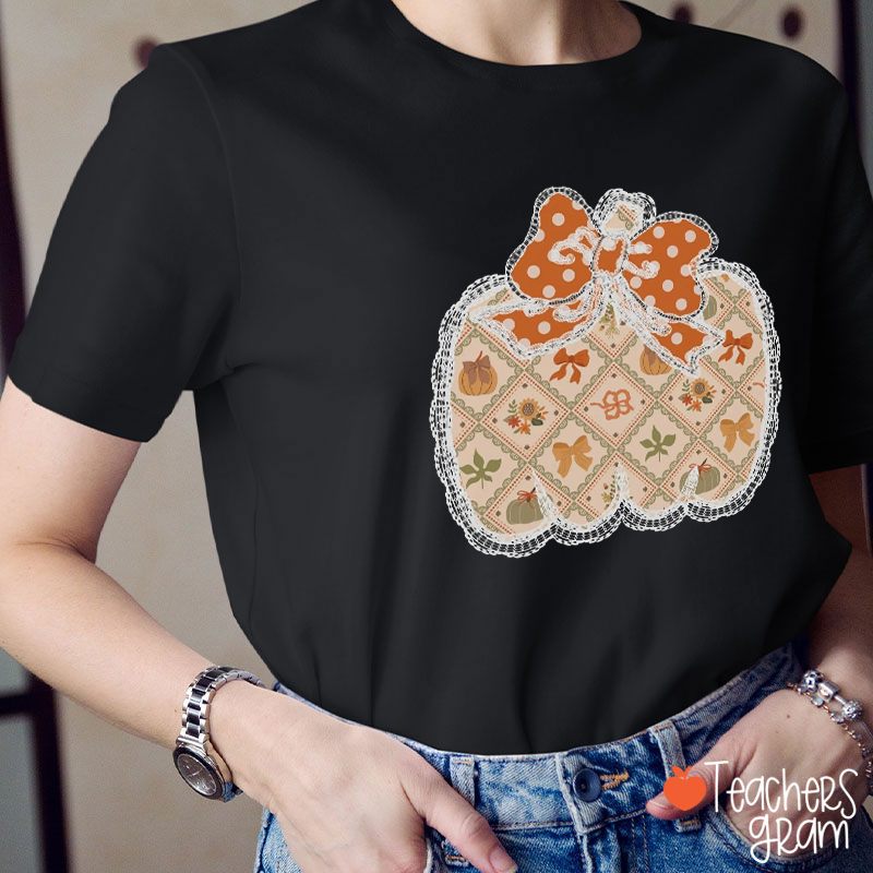 Pumpkin Lace Bow Orange Teacher T-Shirt