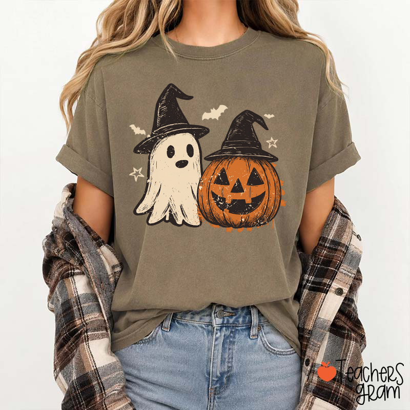 Vintage Ghost Pumpkin Witch Hat Bat Star Teacher T‑Shirt