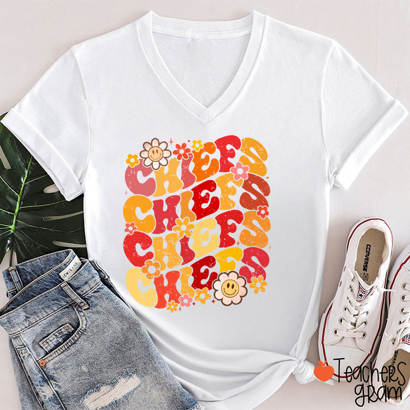 Personalized Mascot Game Day Flowers Teacher Female V-Neck T-Shirt