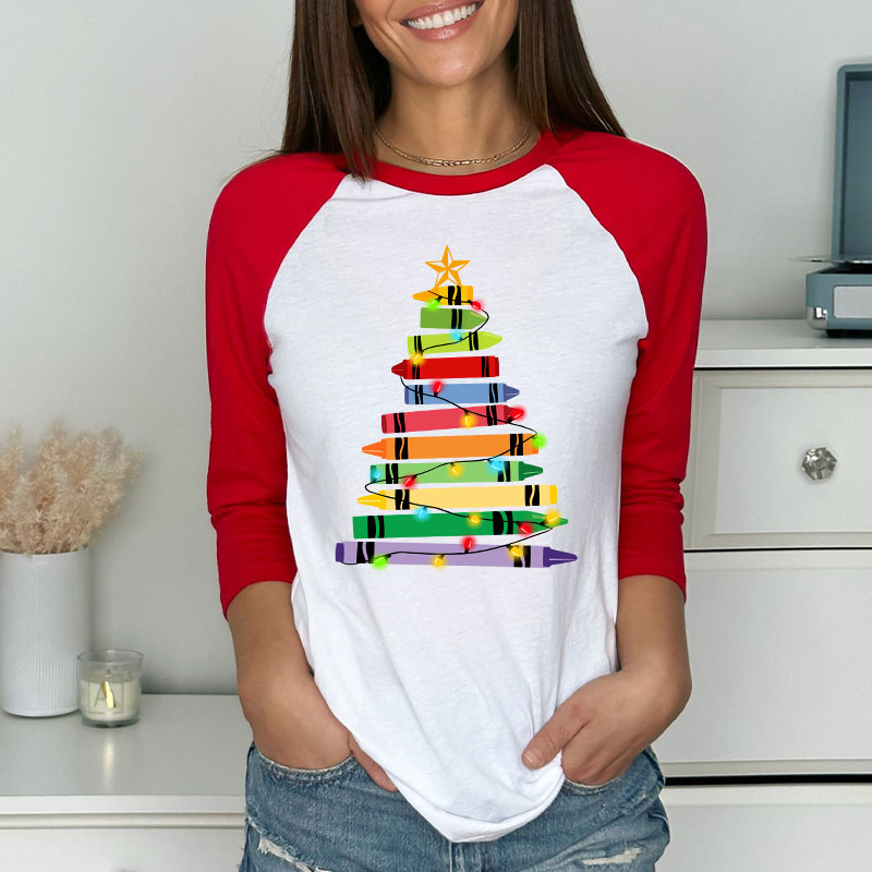 Crayons Tree Colored Ligths Teacher Raglan Long Sleeve T-Shirt