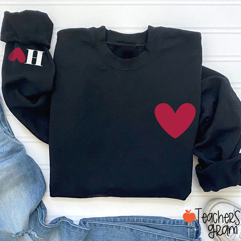 Personalized Initials Love Heart Valentine Teacher Sleeve Print Sweatshirt