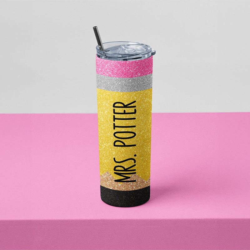 Personalized Name Glitter Pencil Apple Teacher Tumbler