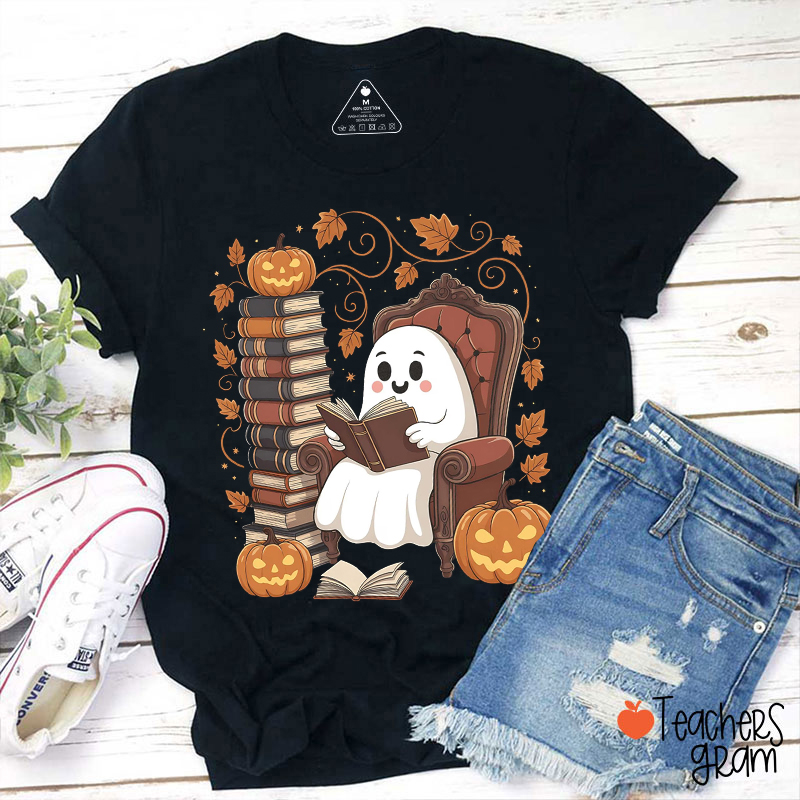 Halloween Ghost Reading Pumpkin Teacher T-Shirt