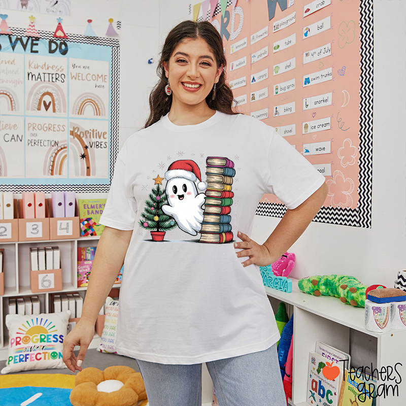 Cute Ghost Christmas Tree And A Pile Of Books Teacher T-Shirt