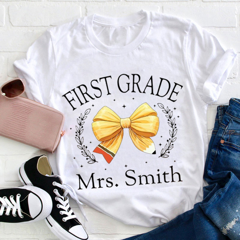 Personalized Name And Grade Bow Teacher T-Shirt