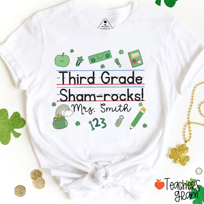 Personalized Name And Grade Sham-rocks St Patricks Day Teacher T-Shirt