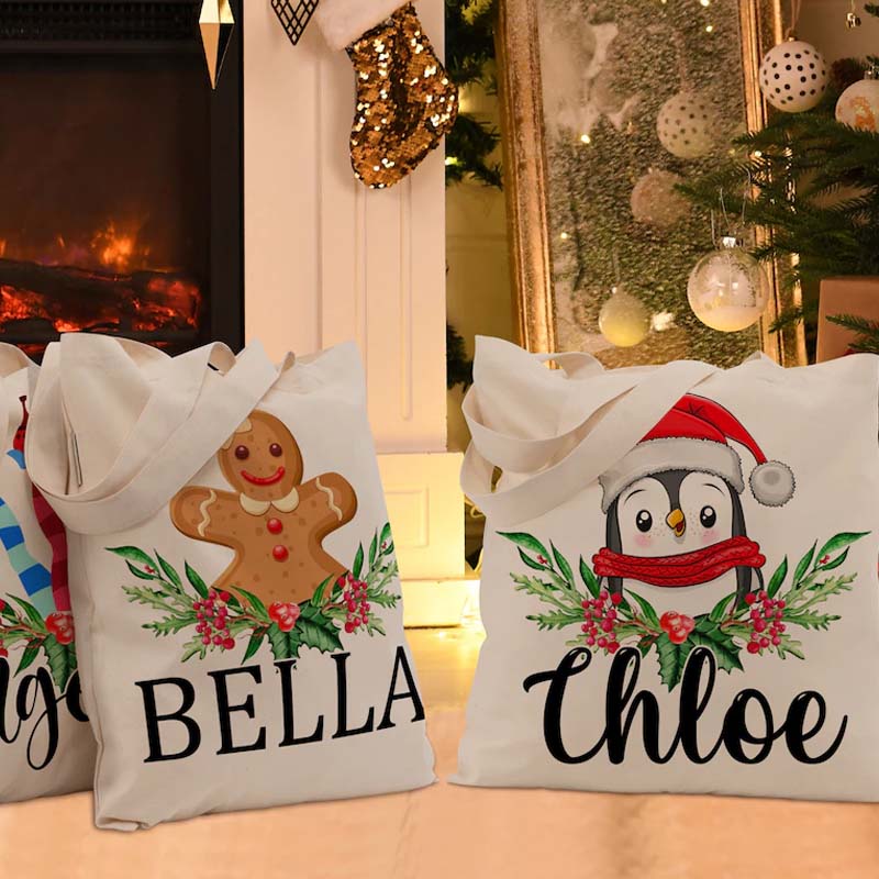Personalized Christmas Santa Snowman Penguin Reindeer Tree Teacher Tote Bag