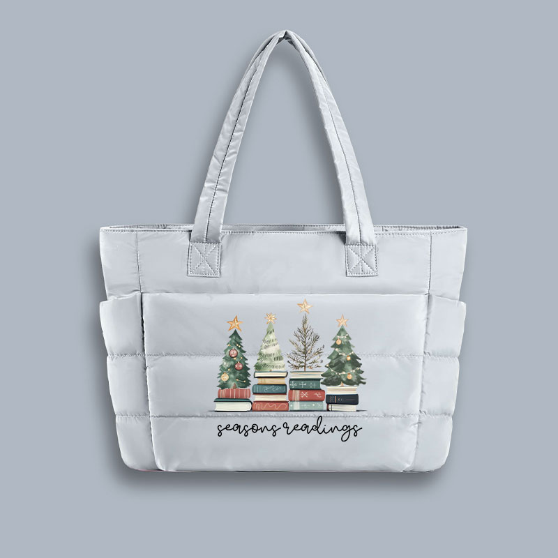 Bookish Christmas Seasons Readings Teacher Puffy Tote Bag