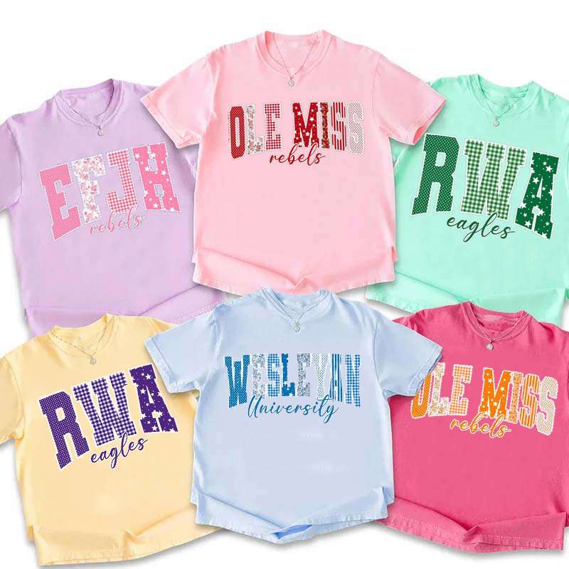 Personalized Mascot Name And Color Patchwork Pattern Varsity Letter Teacher T-Shirt