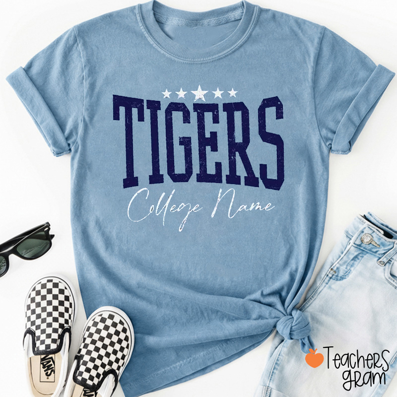 Personalized Mascot And School Name Star Distressed Graphic Teacher T‑Shirt