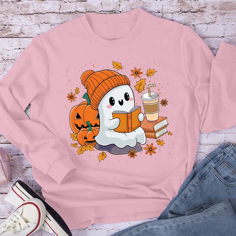 Reading Ghost Pumpkin Halloween Teacher Long Sleeve T-Shirt