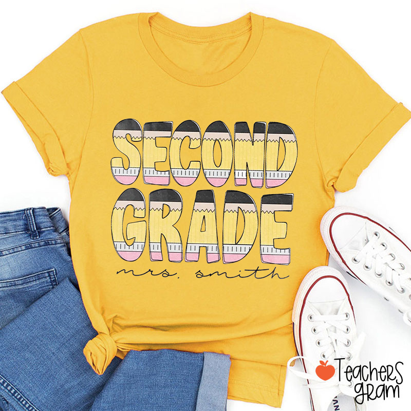 Personalized Grade Name Pencil Heart Teacher T-Shirt