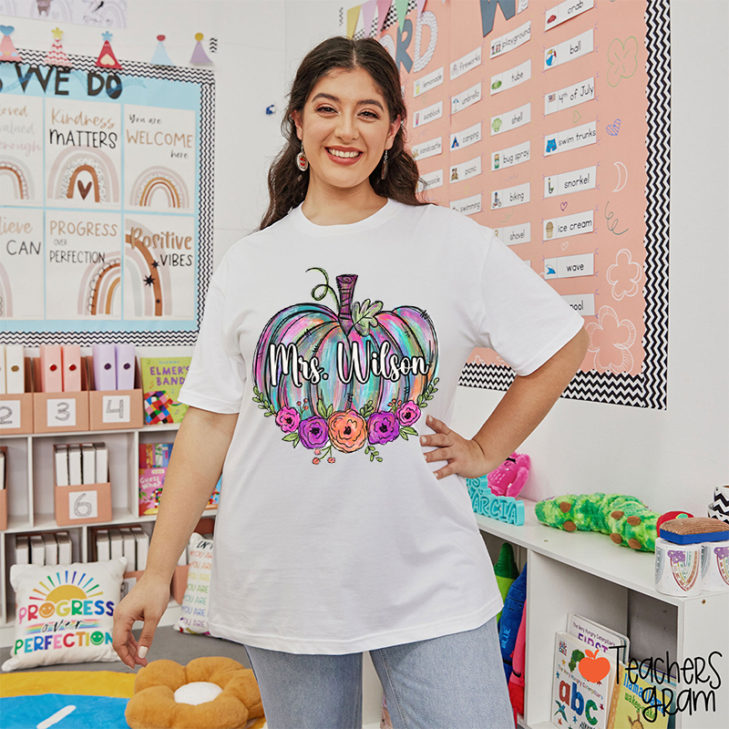 Personalized Name Colorful Pumpkins Teacher T-Shirt