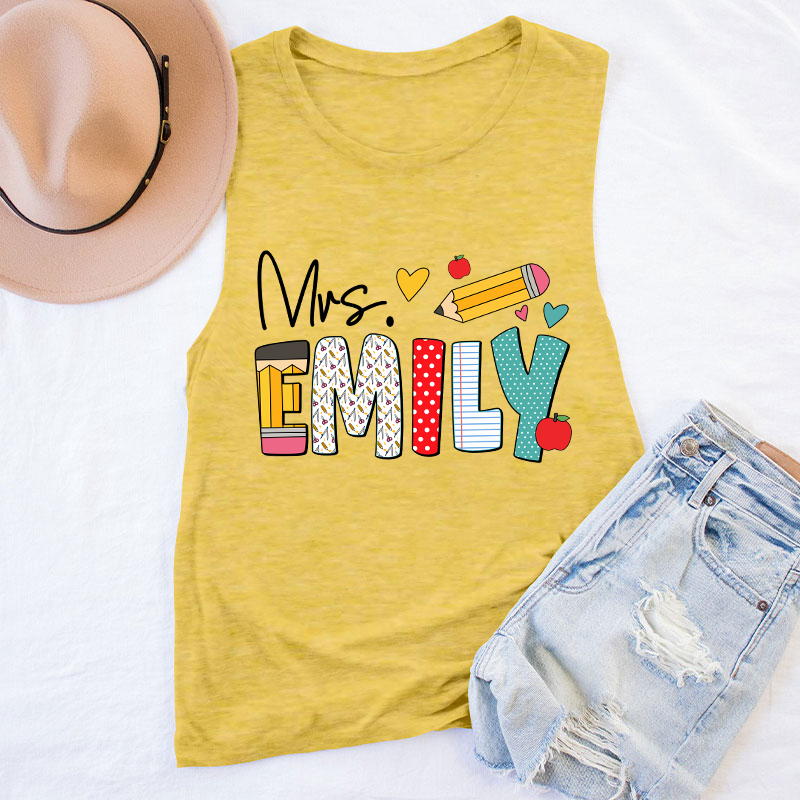 Personalized Teacher's Name Cute Pencil Icon Teacher Tank Top