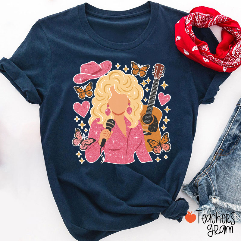 Vintage Glitter Cowgirl Singer Portrait Butterfly Heart Guitar Teacher T-Shirt