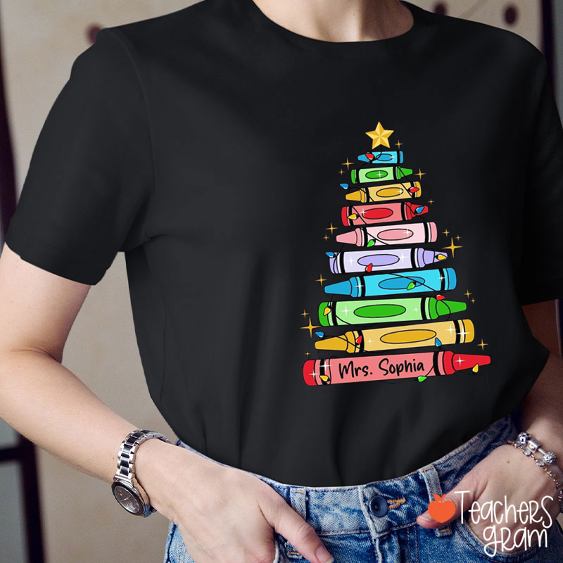 Personalized Name Crayon Christmas Tree Teacher T-Shirt