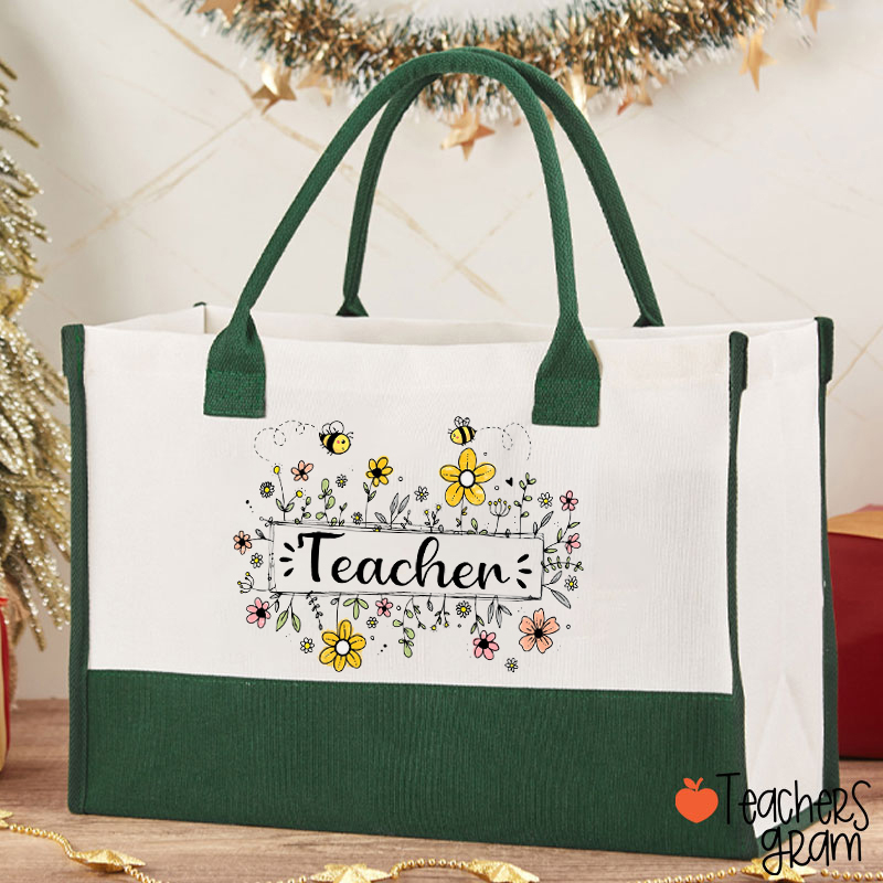 Personalized Name Flowers Bees Teacher Cotton Tote Bag