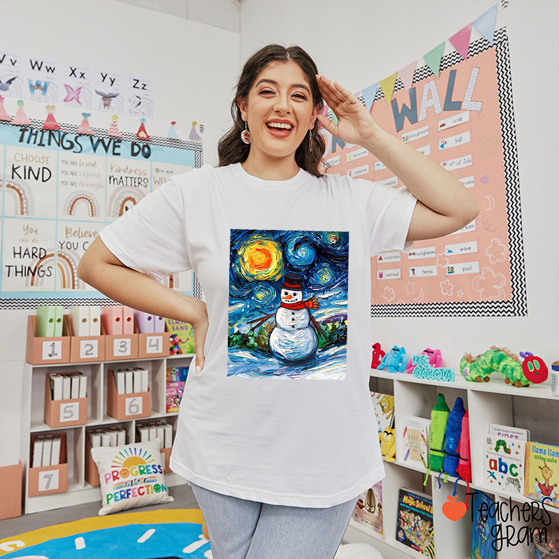 Van Gogh Starry Snowman Christmas Teacher T-Shirt
