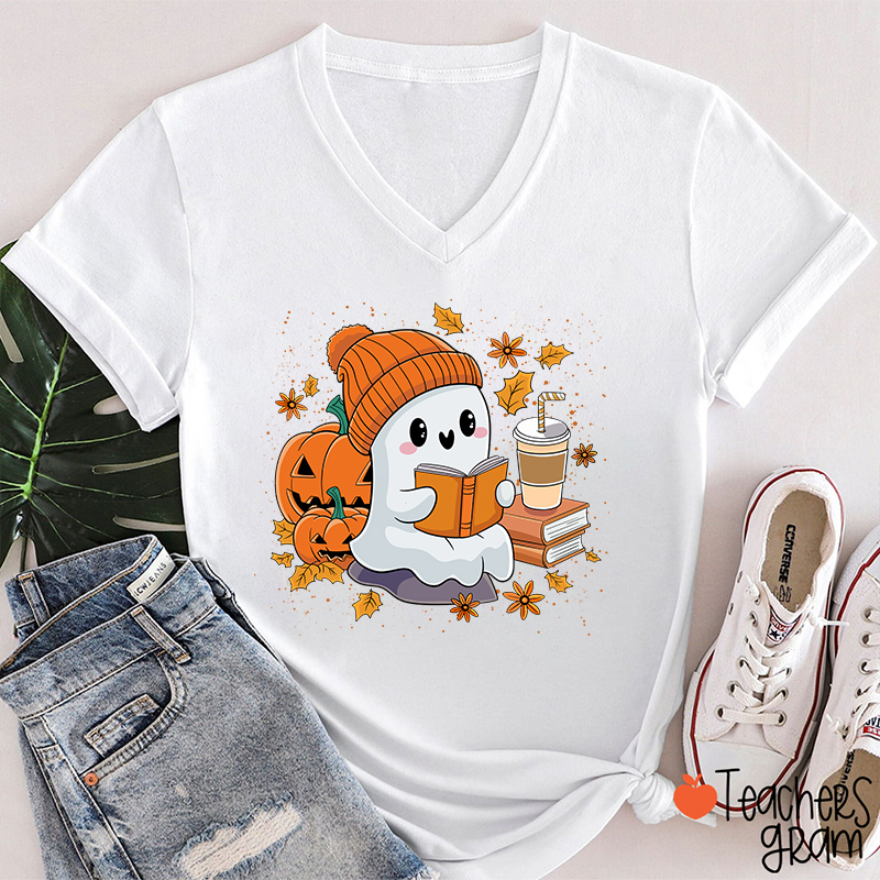 Reading Ghost Pumpkin Halloween Teacher  Female V-Neck T-Shirt