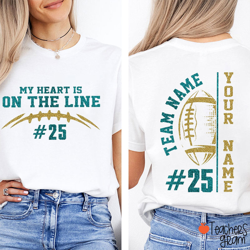 Personalized Mascot And Sport Imitation Glitter My Heart Is On The Line Teacher Two Sided T-Shirt