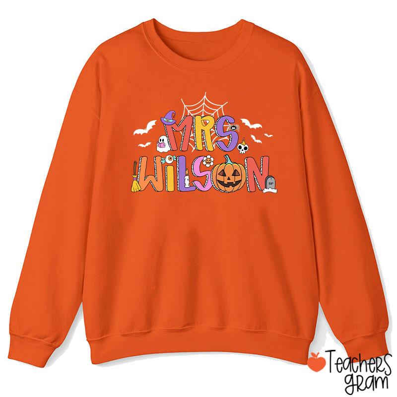 Personalized Name Spider Web Ghost Pumpkin Teacher Sweatshirt