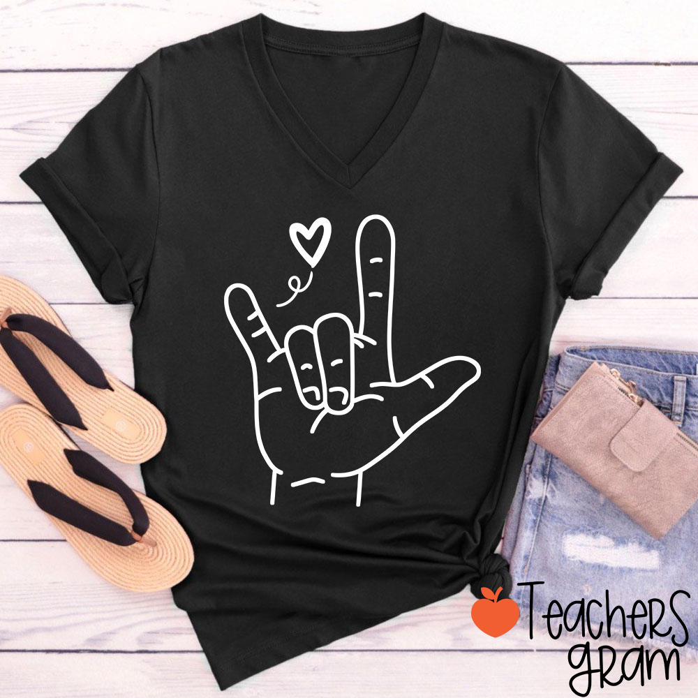 Sign Language Love Needs No Words Teacher Female V-Neck T-Shirt