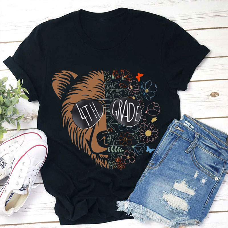 Personalised Vintage Flowers Bear Grade Teacher T-Shirt