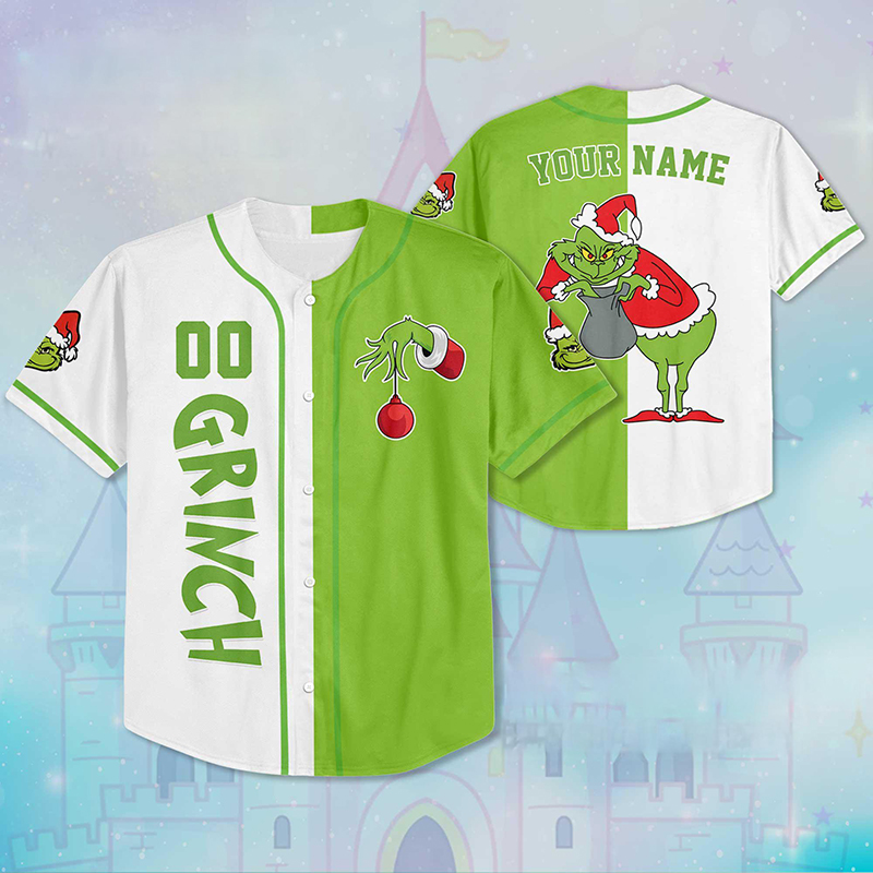 Personalized Name And Number Green Guy Stealing Christmas Teacher Baseball Jersey