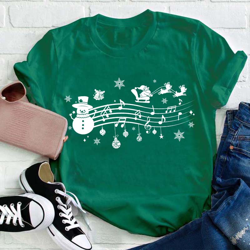 Santa Sleigh Snowman Music Teacher T-Shirt
