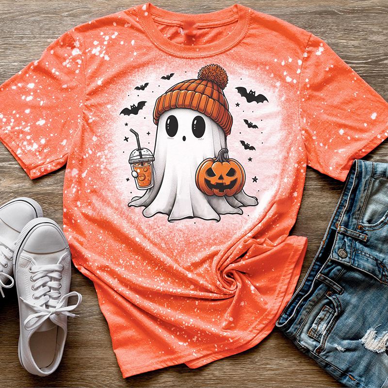 Cute Halloween Ghost Drink Pumpkin Teacher Printed T-Shirt