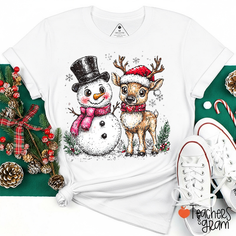 Preppy Snowman Reindeer Teacher T-Shirt