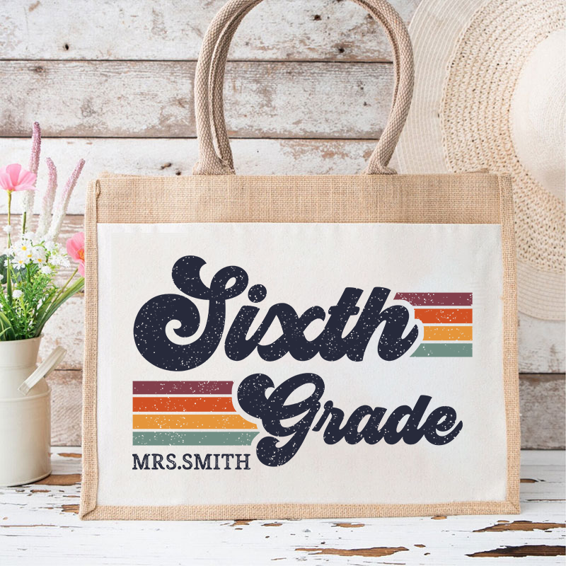 Personalized Grade And Name Retro Horizontal Stripes Teacher Jute Lunch Bag