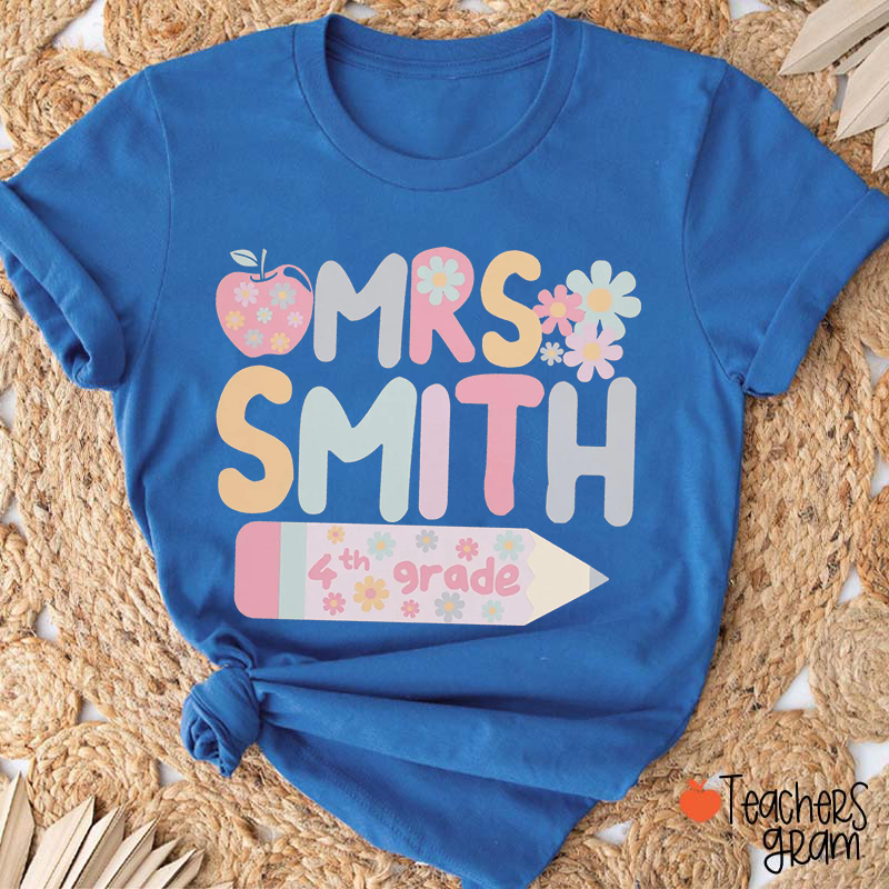 Personalized Grade Name Apple Flower Pencil Teacher T-Shirt
