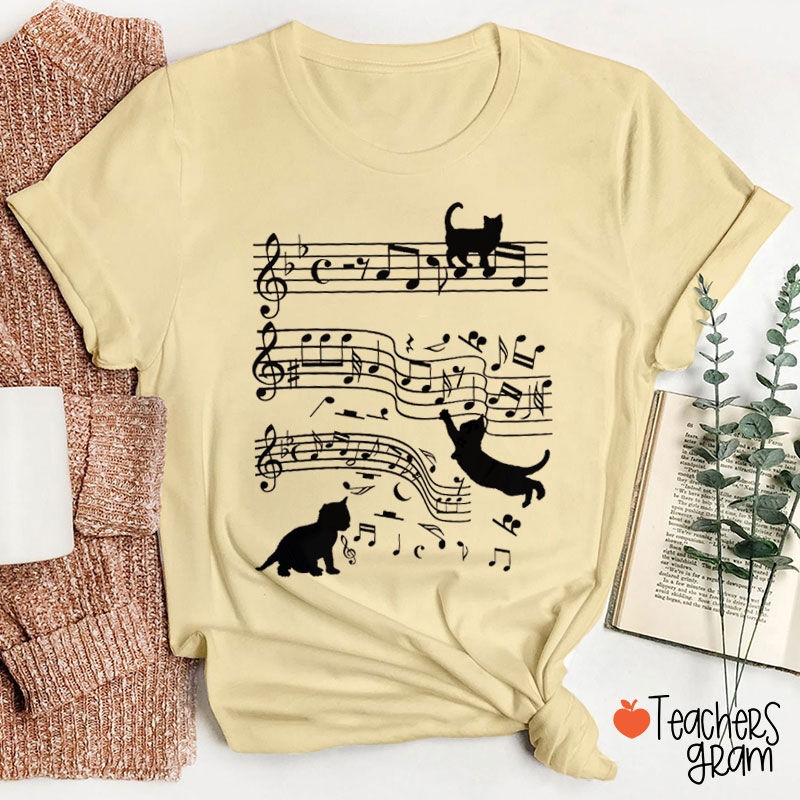 Cute Cats Playing Music Notes Teacher T-Shirt