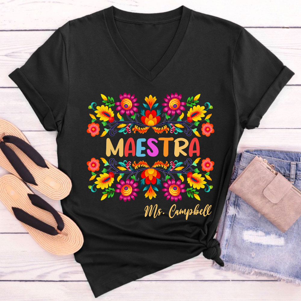 Personalized Name Maestra Teacher Female V-Neck T-Shirt