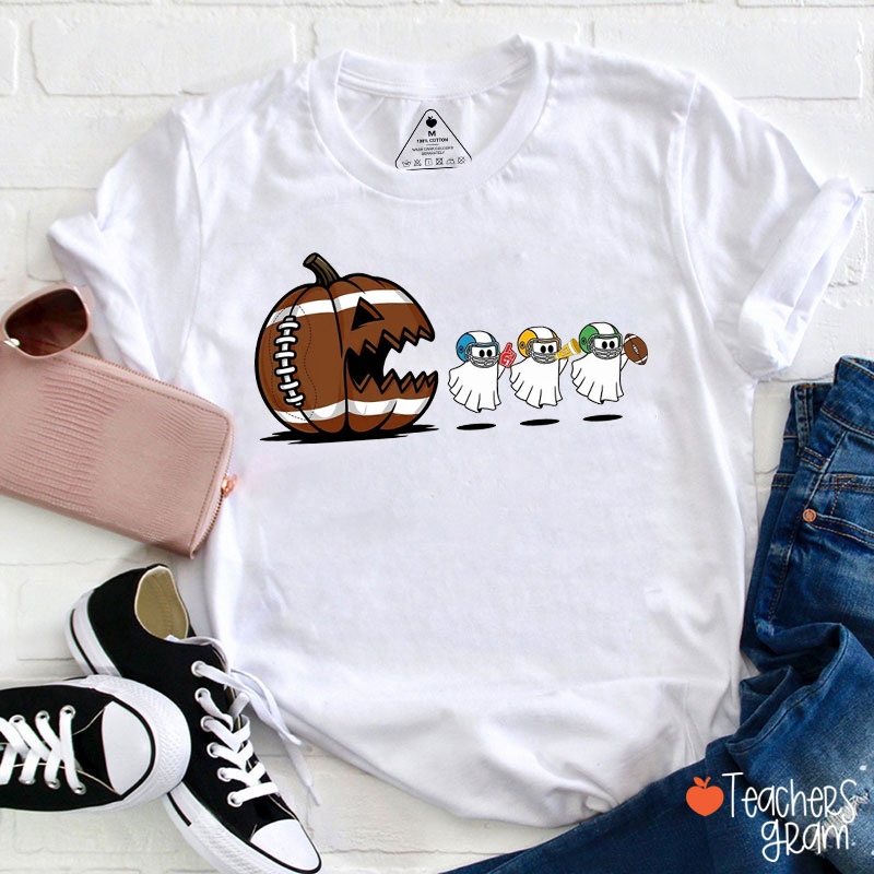 Pumpkin Eating Ghosts Football Halloween Teacher T-Shirt