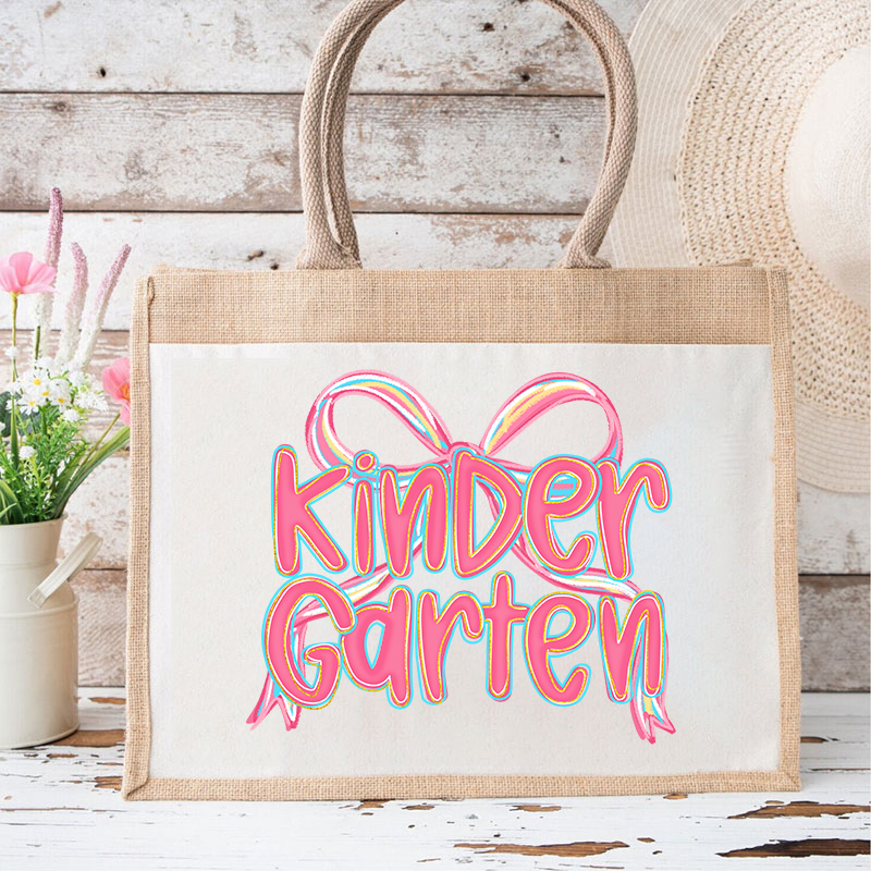 Personalized Grade Pink Bow Teacher Jute Lunch Bag