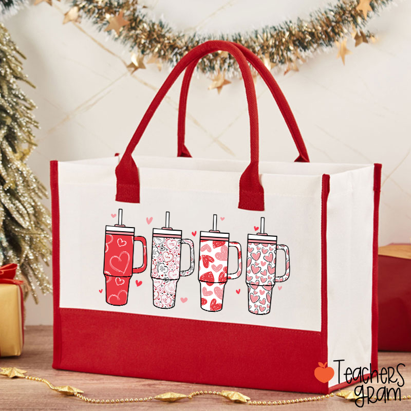 Cute Heart Thermos Cup Valentines Teacher Cotton Tote Bag