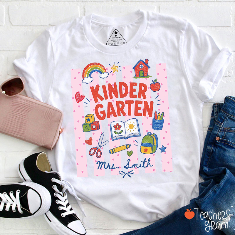 Personalized Grade Polka Dot Stripes Doodle Teacher T-Shirt