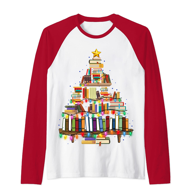 Book Christmas Tree Teacher Raglan Long Sleeve T-Shirt