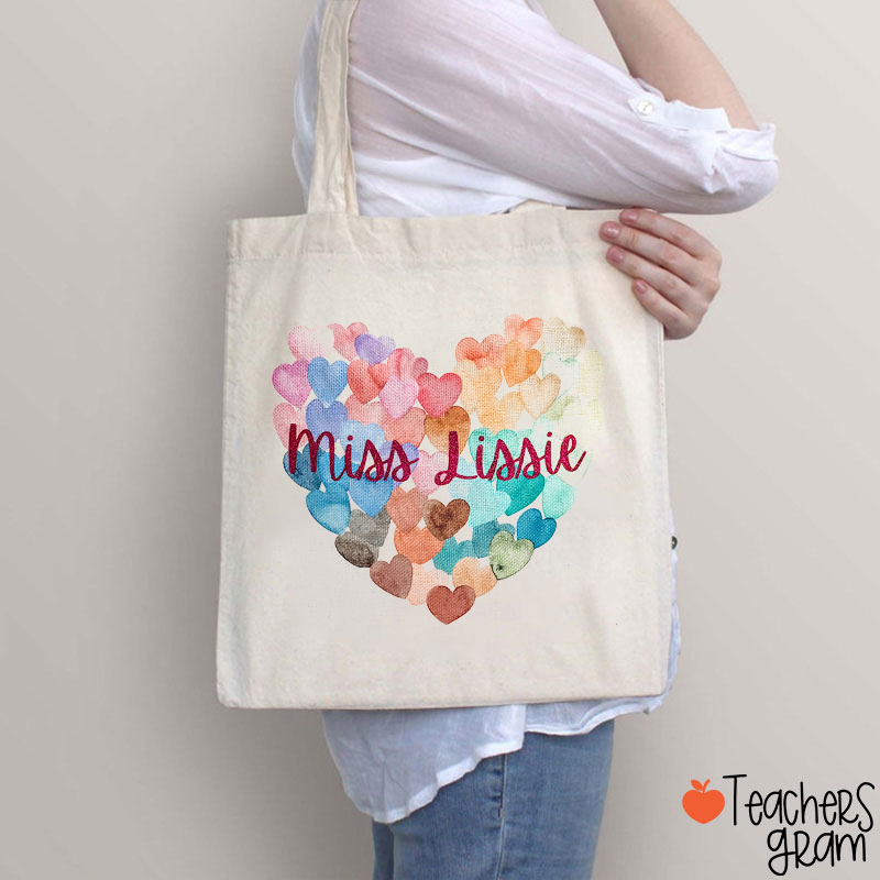 Personalized Name Watercolor Hearts Teacher Tote Bag