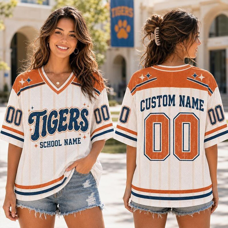 Personalized Mascot Striped Vintage Star Print Teacher Mesh Jersey