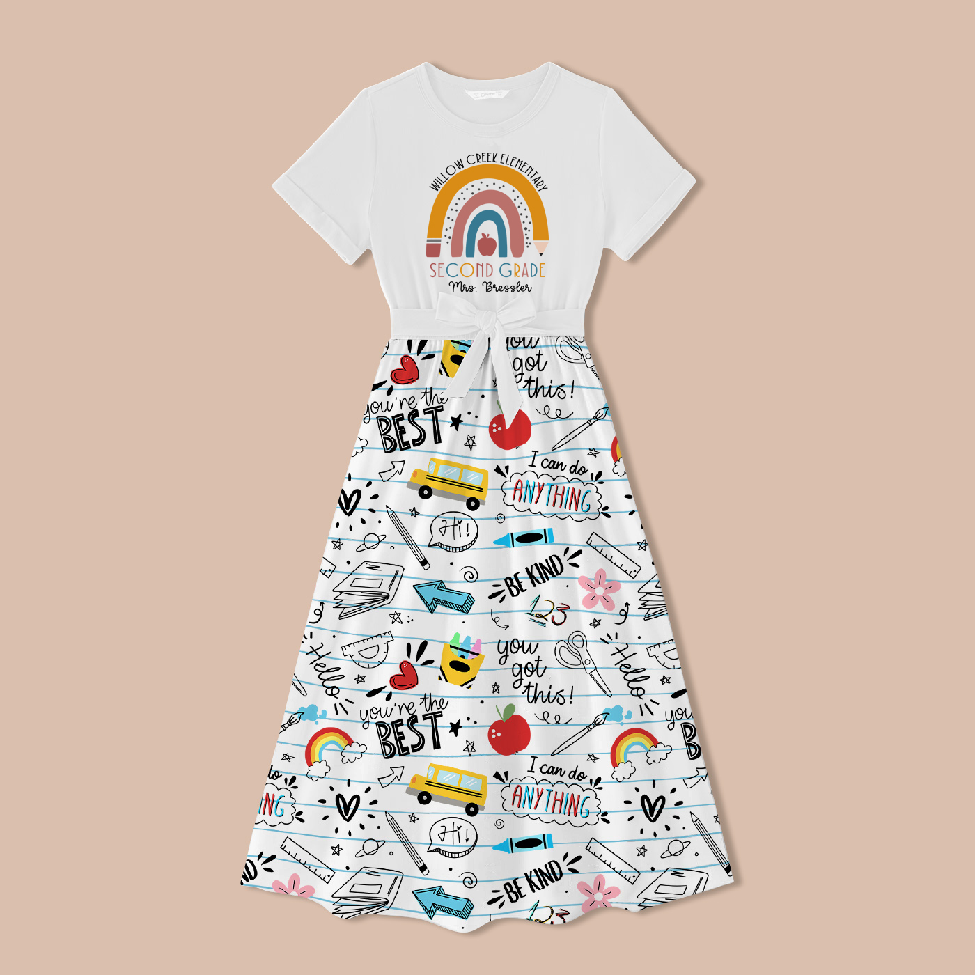 Personalized Name Rainbow Apple Teacher One Piece Dress