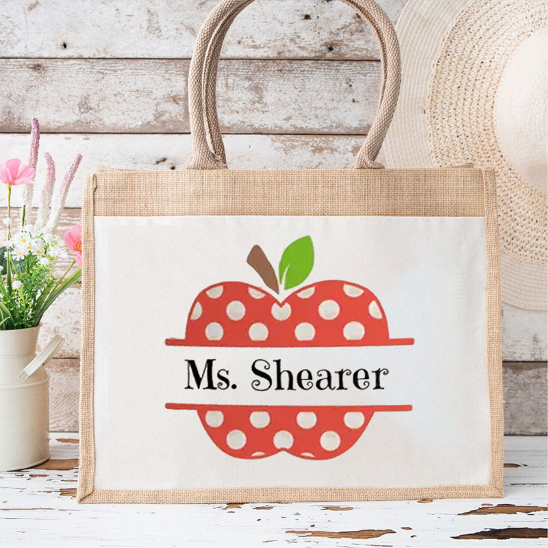 Personalized Name Apple Polka Dot Teacher Jute Lunch Bag