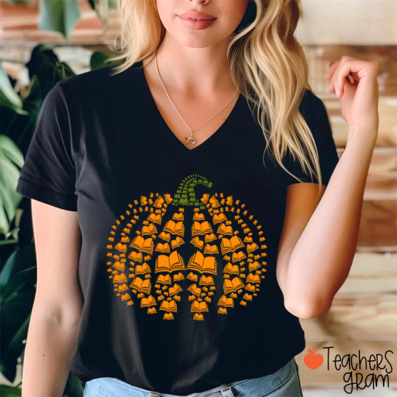 Halloween Pumpkins And Books Teacher Female V-Neck T-Shirt
