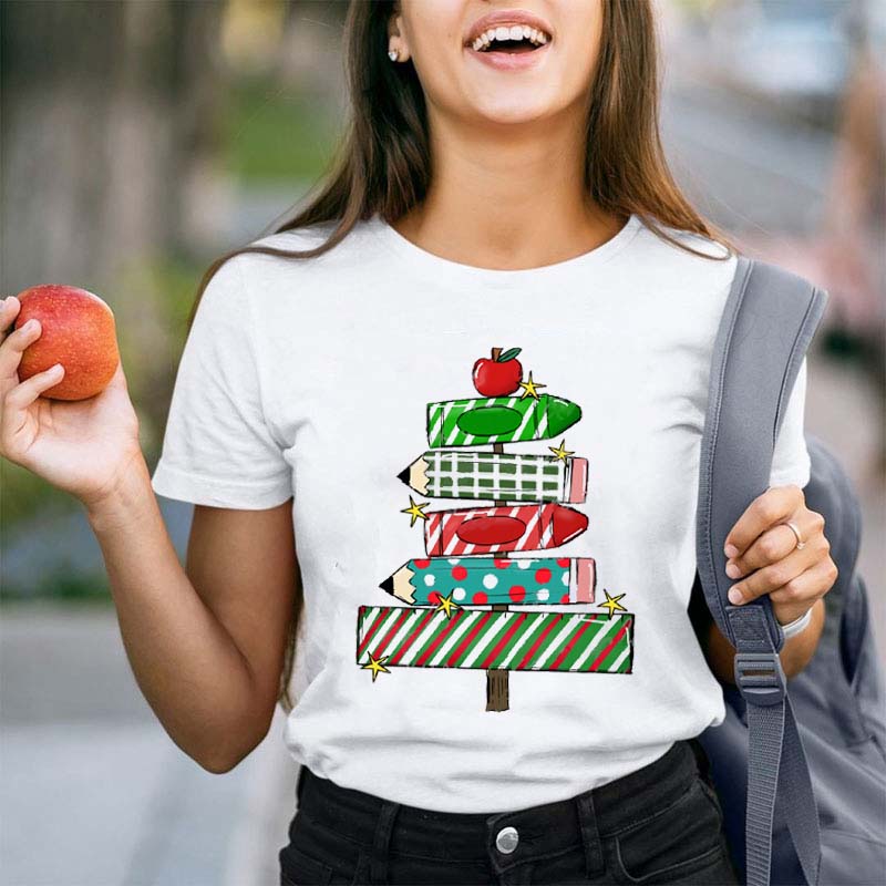 Apple Pencil Ruler Christmas Tree Teacher T-Shirt