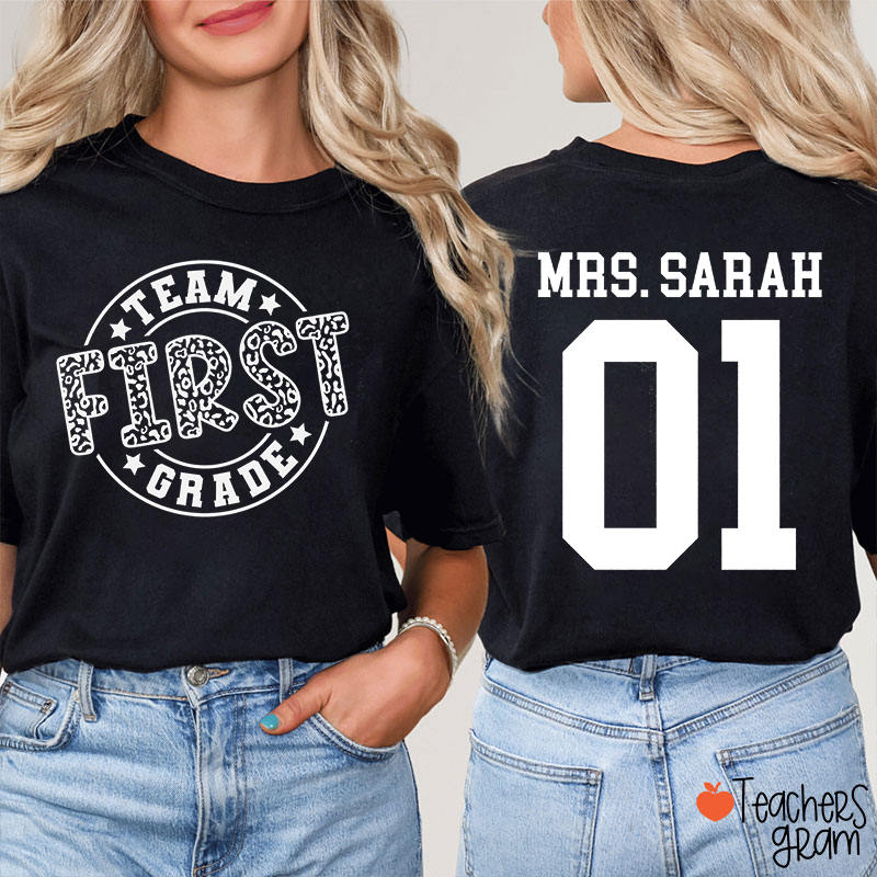 Personalized Grade Name Number Star Teacher Two Sided T-Shirt